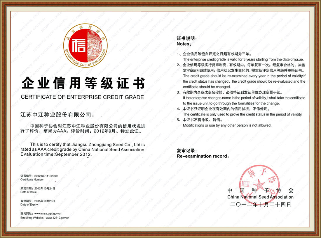 2012年“AAA級企業(yè)信用等級證書”
